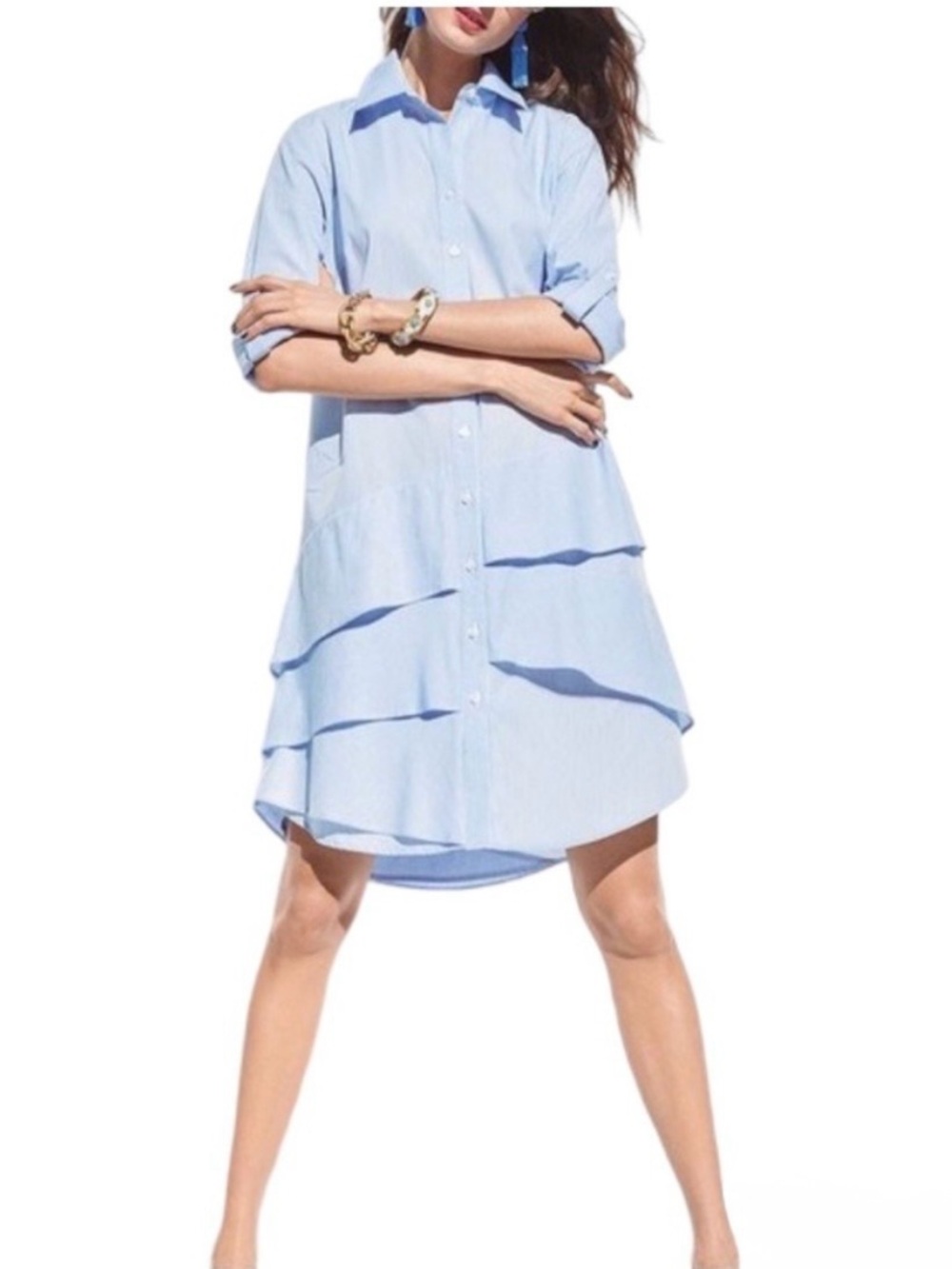 Finley Jenna Striped Cotton Chambray Ruffle Shirtdress Womens Blue White - Picture 4 of 16